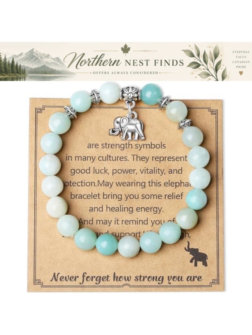 Natural Stone Beaded Elephant Charm Bracelet Strength Inspirational Gift